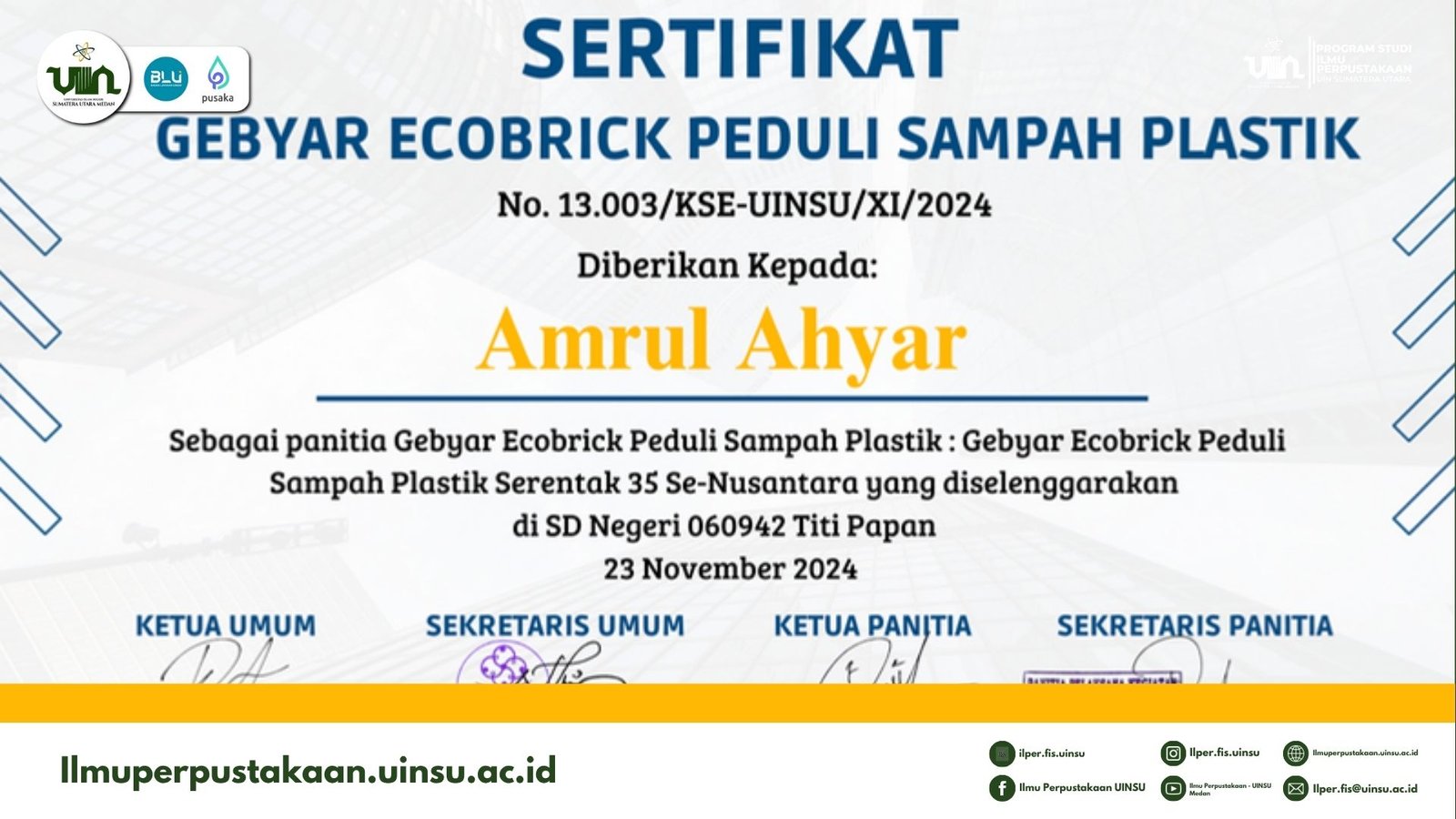 Mahasiswa Ilmu Perpustakaan UINSU Sukses Jadi Panitia Gebyar Ecobrick Peduli Sampah Plastik